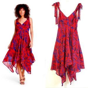 Alexis Woman's Dress Large Red Chiffon Leaf Print Flowy Asymmetrical Swing New